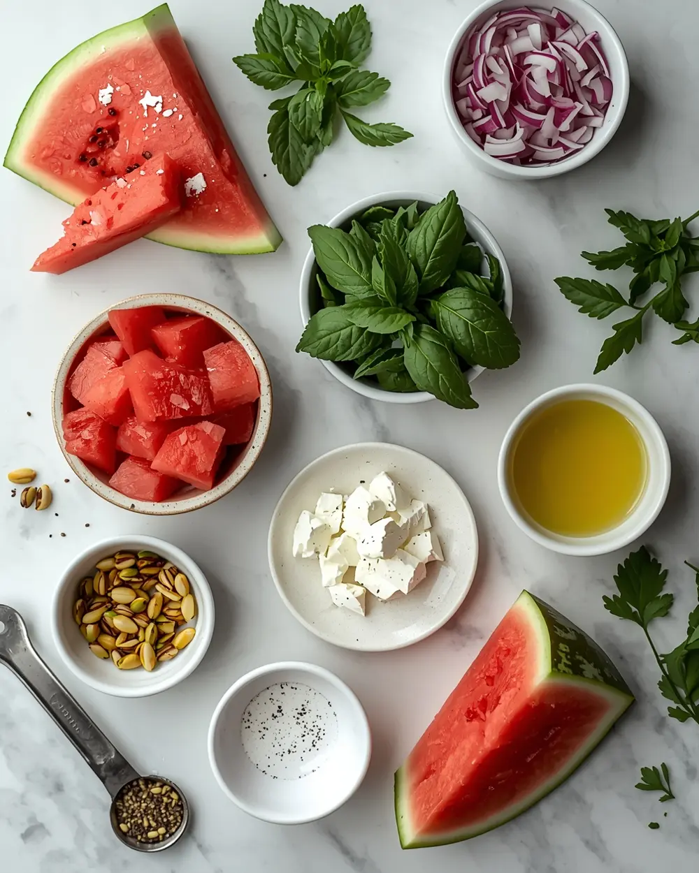 Ingredients for summer watermelon feta salad crowd