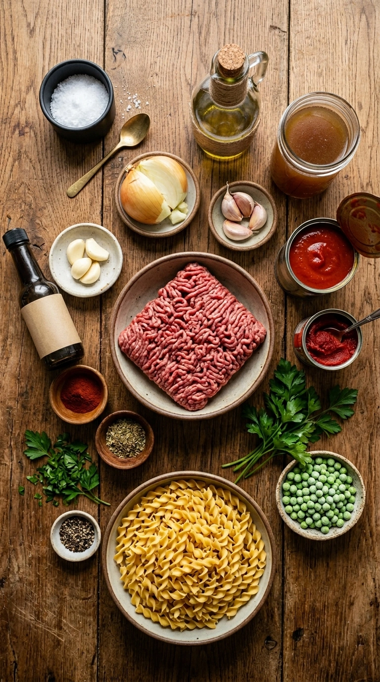 Ingredients for saucy ground beef skillet