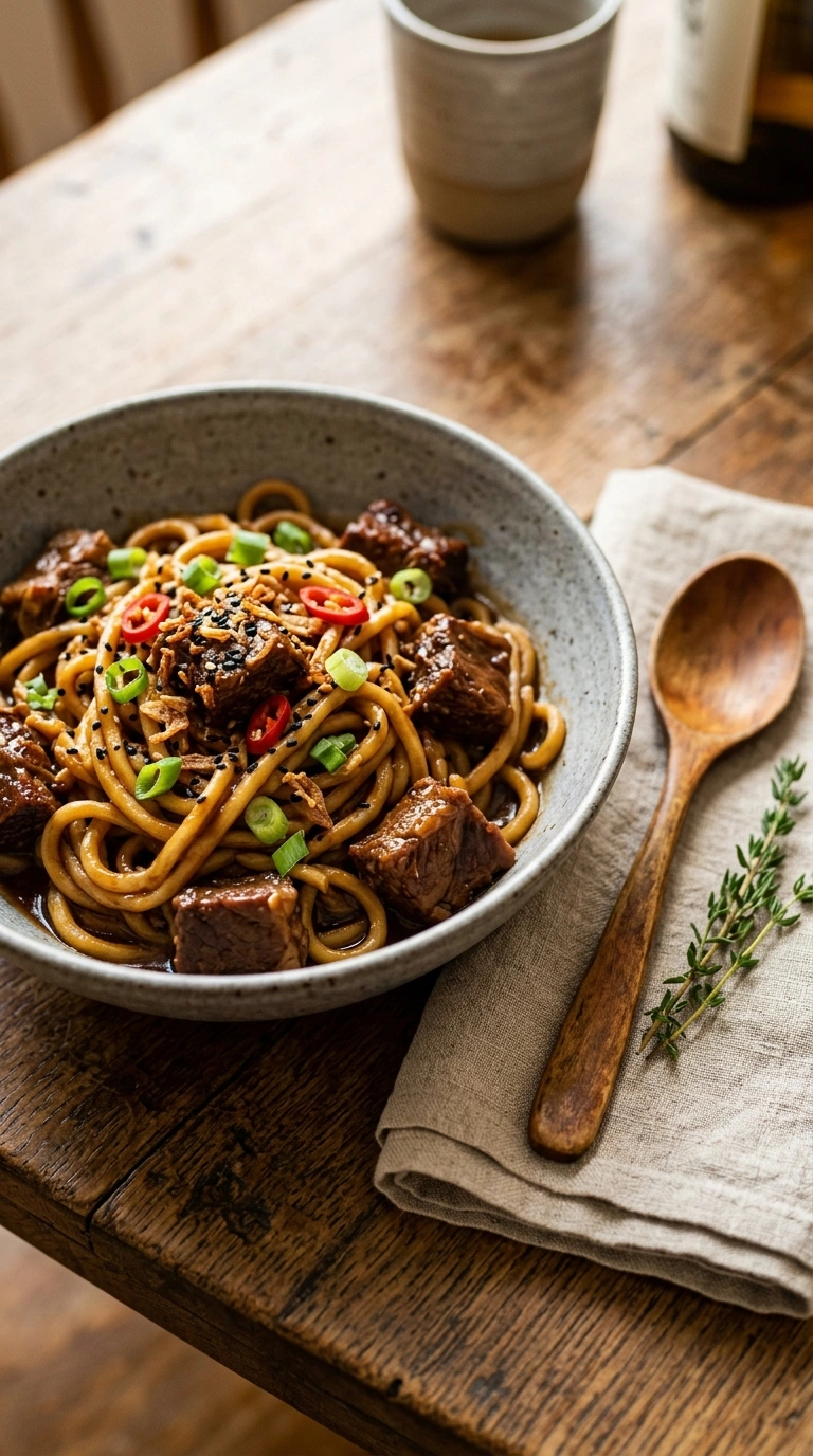 saucy beef and noodles ready to serve