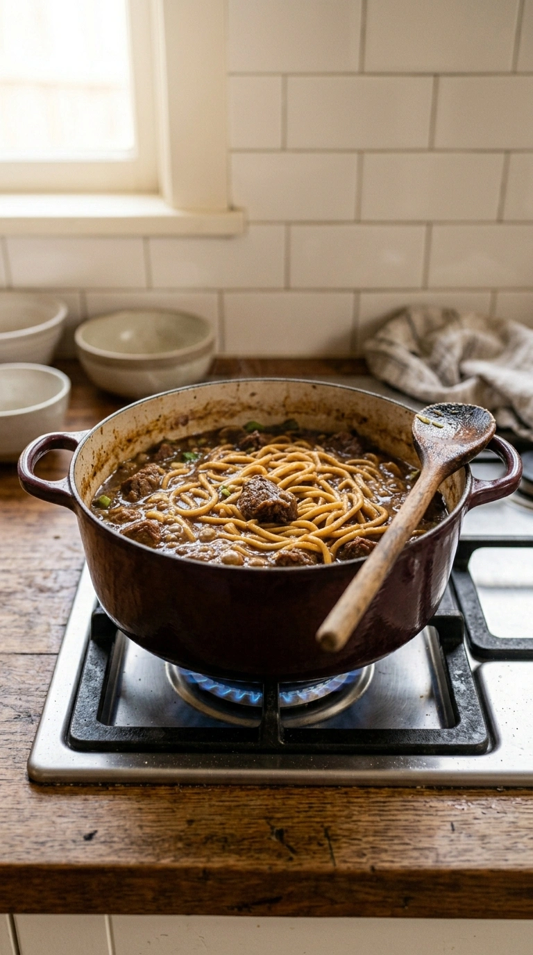 Cooking instructions for saucy beef and noodles
