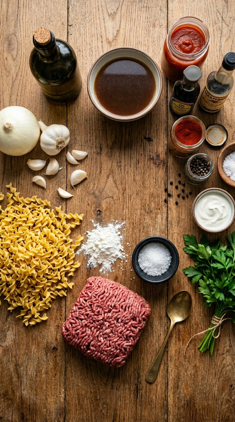 Ingredients for saucy beef and noodles
