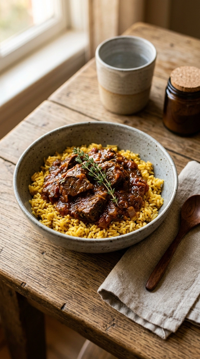 saucy beef and rice ready to serve
