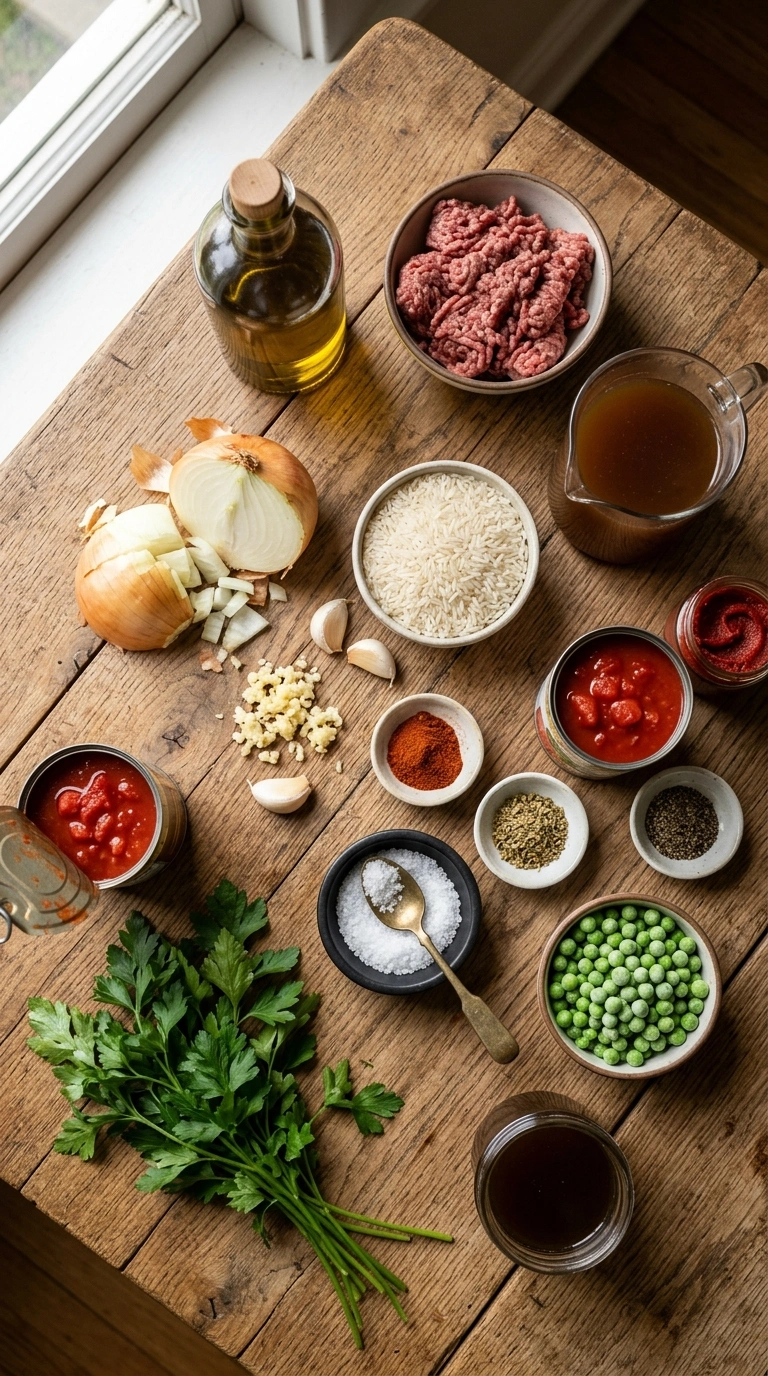 Ingredients for saucy beef and rice