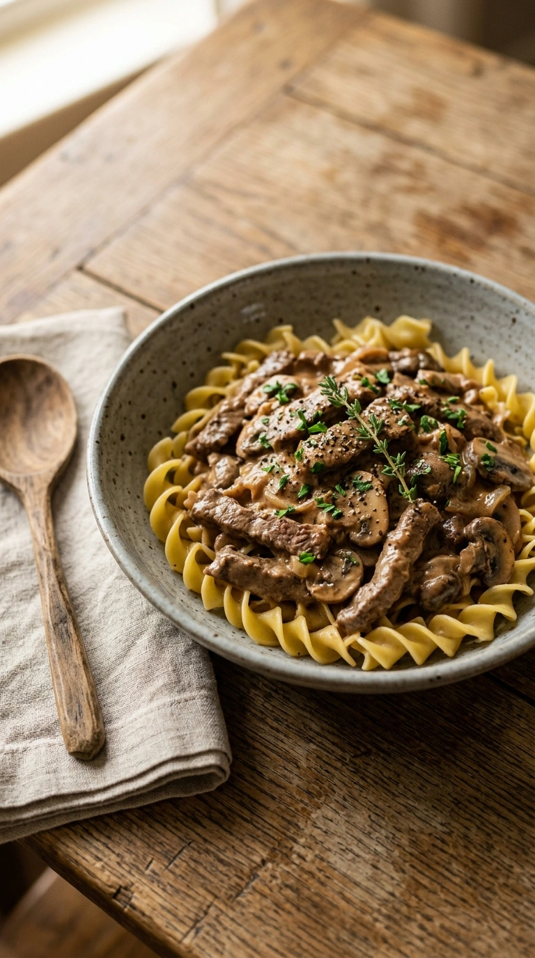 saucy beef stroganoff skillet ready to serve