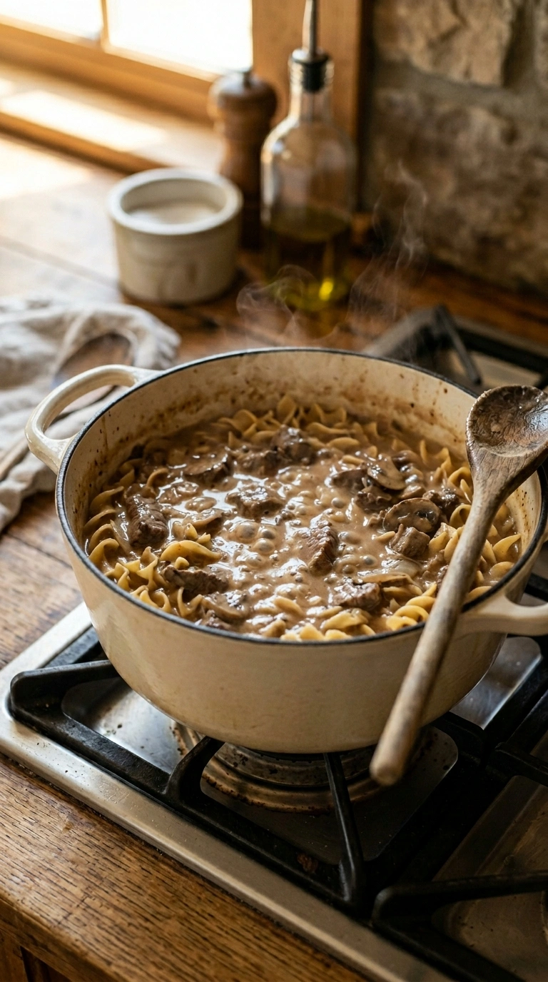 Cooking instructions for saucy beef stroganoff skillet
