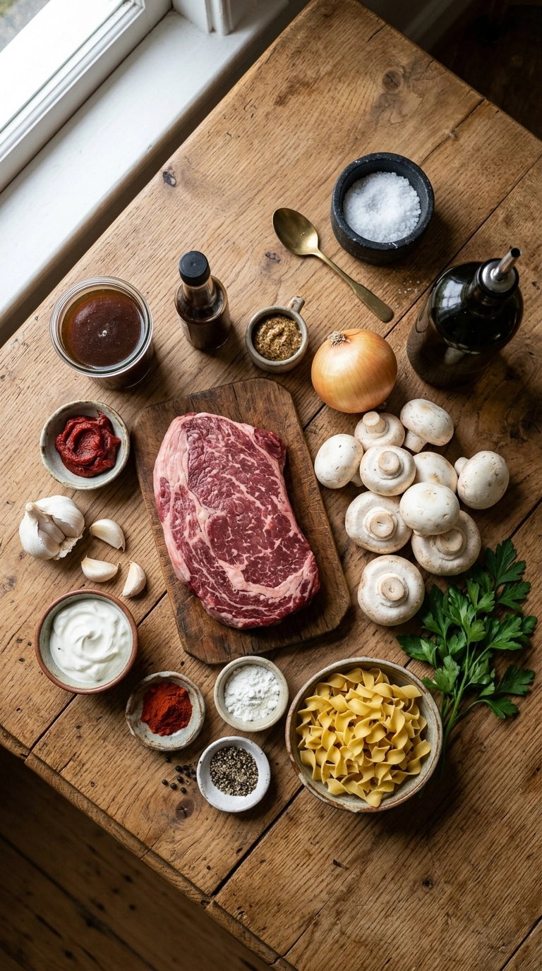 Ingredients for saucy beef stroganoff skillet