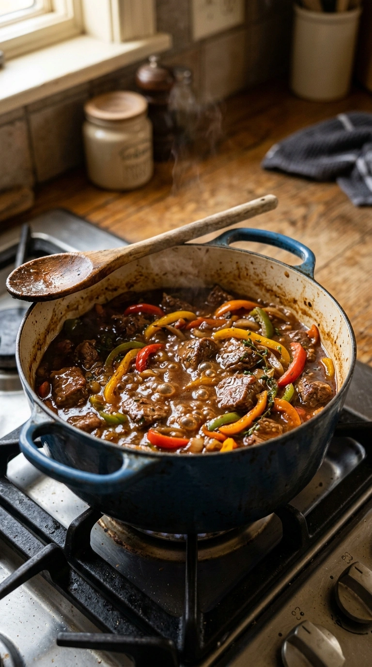Cooking instructions for saucy beef and peppers skillet