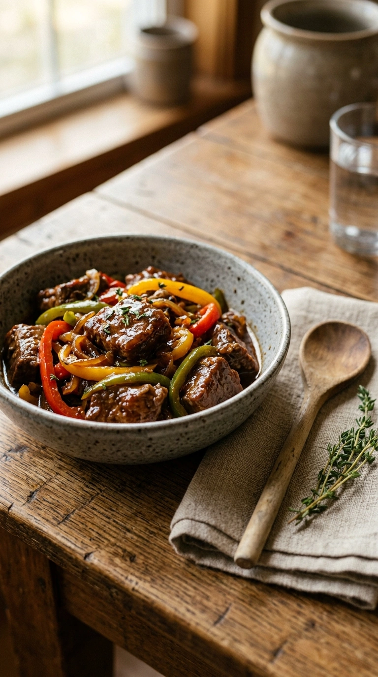 saucy beef and peppers skillet ready to serve