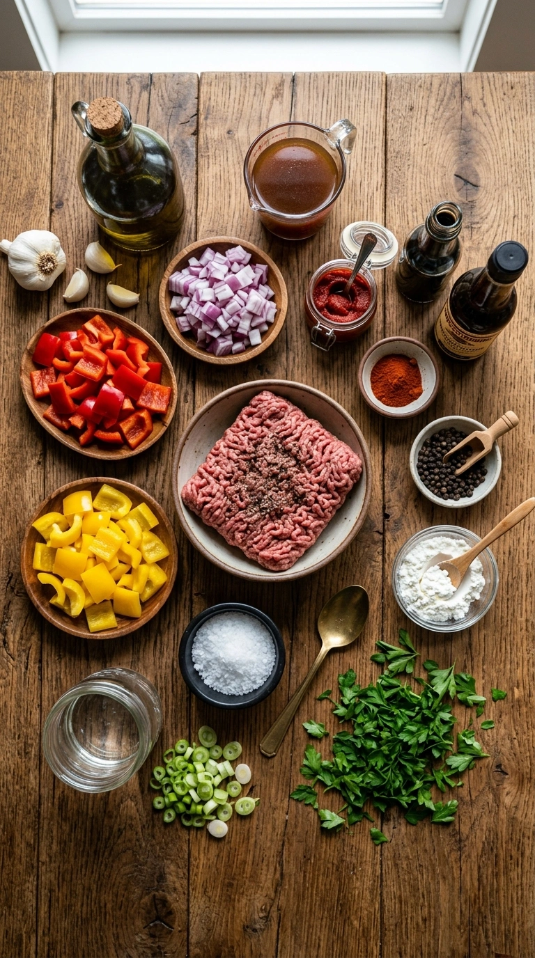 Ingredients for saucy beef and peppers skillet
