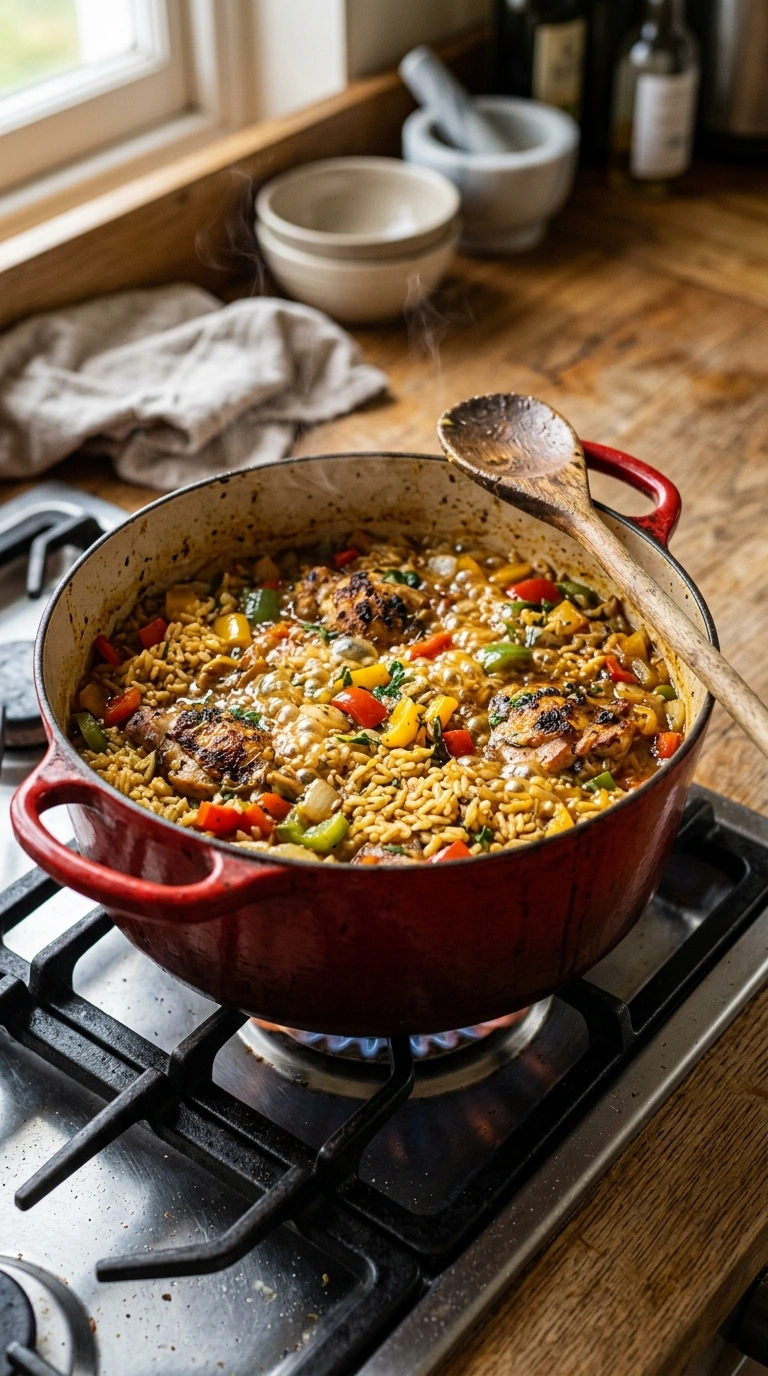 Cooking instructions for sizzling chicken and rice skillet