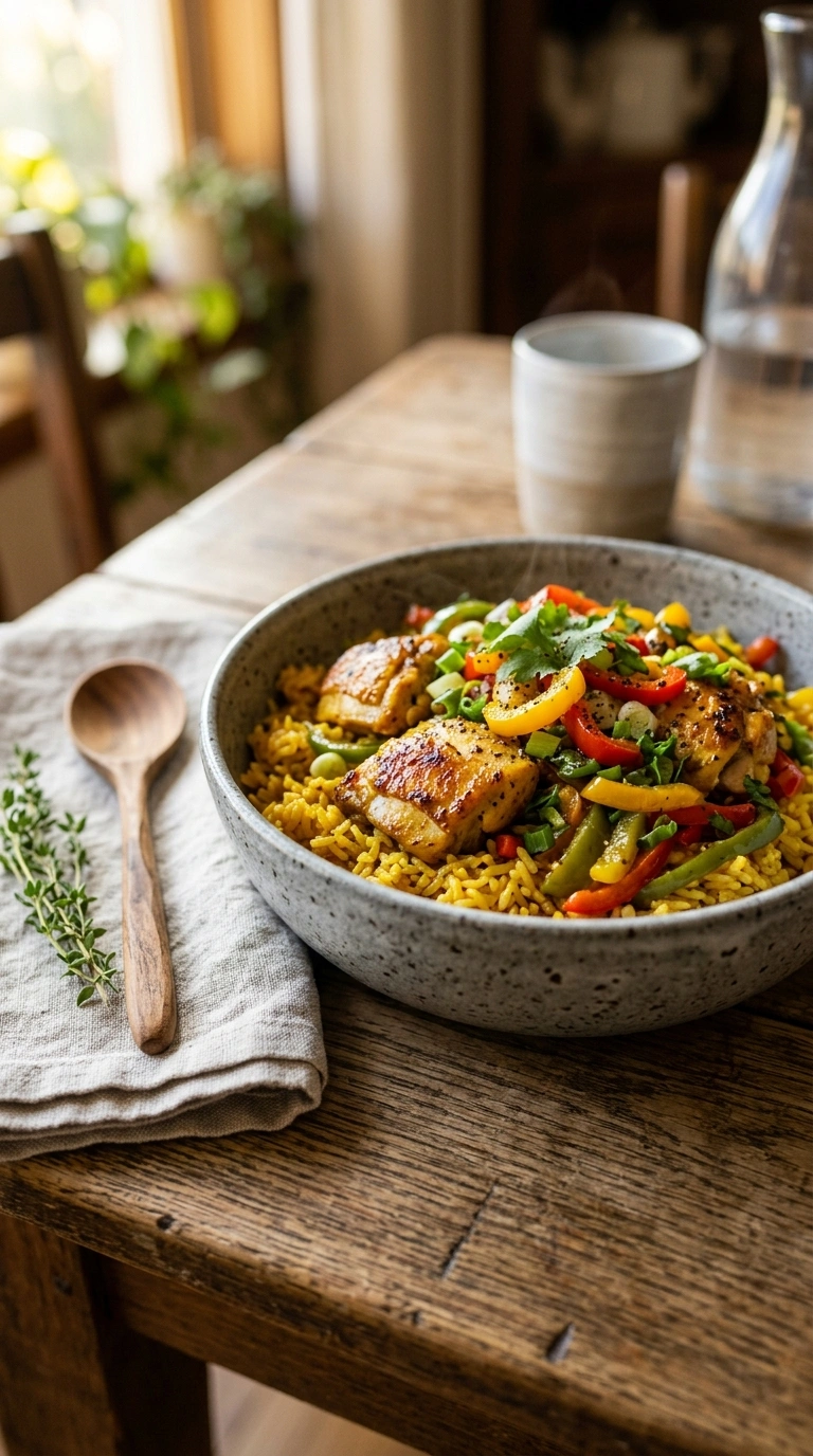 sizzling chicken and rice skillet ready to serve
