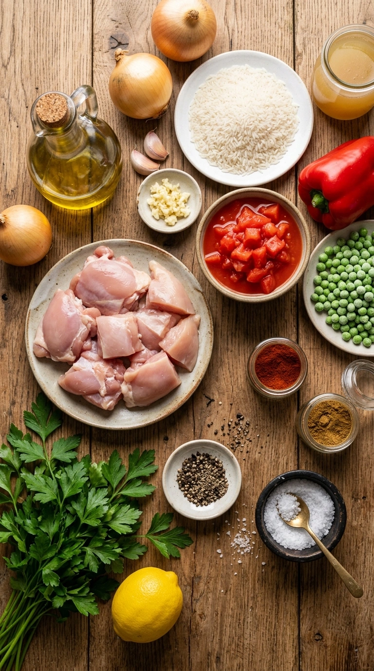 Ingredients for sizzling chicken and rice skillet