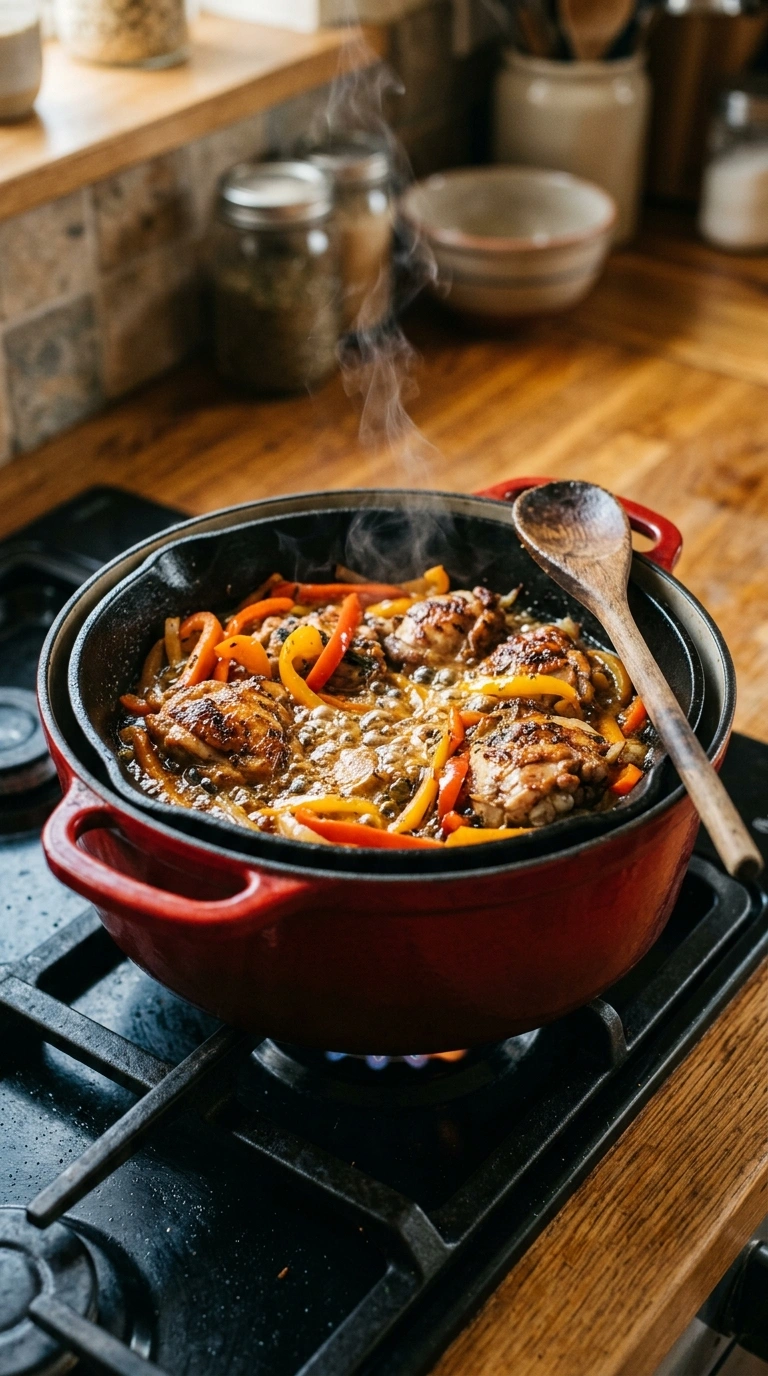 Cooking instructions for sizzling chicken and peppers skillet