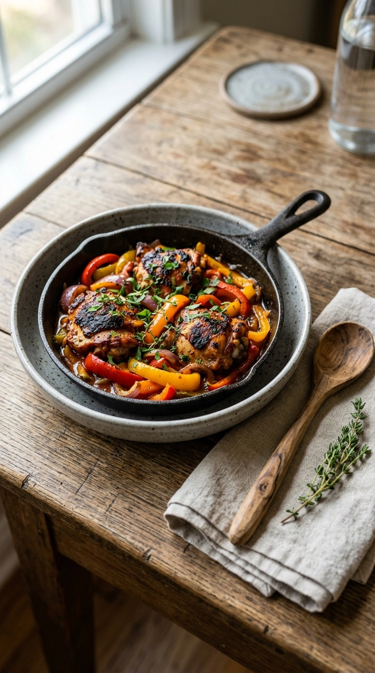 sizzling chicken and peppers skillet ready to serve