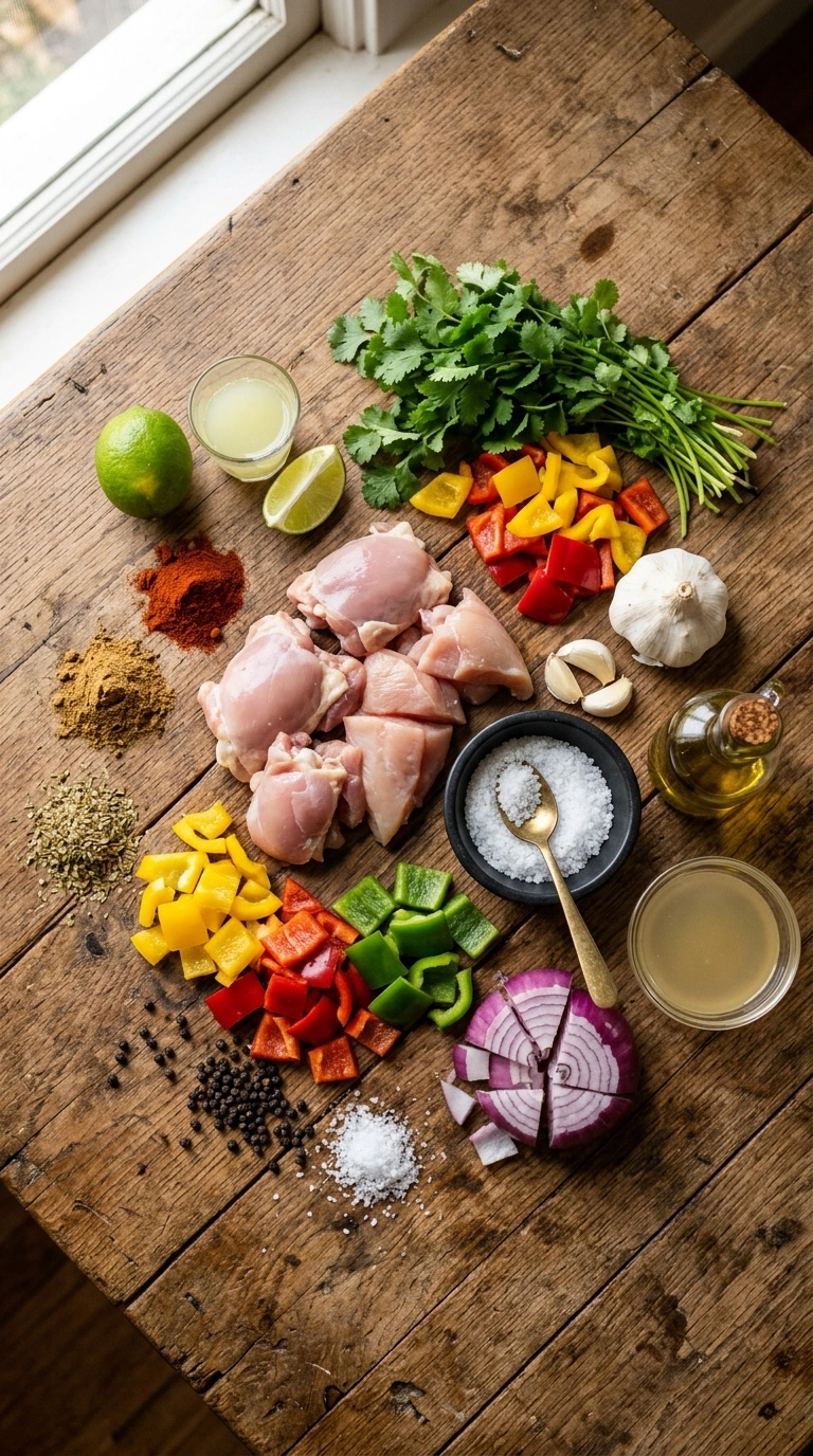 Ingredients for sizzling chicken and peppers skillet