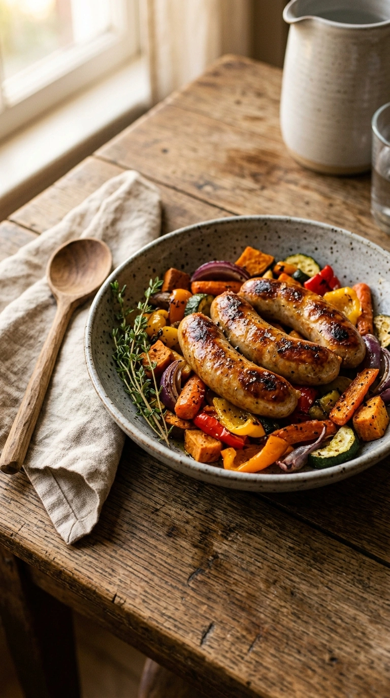 loaded sheet pan chicken sausage ready to serve