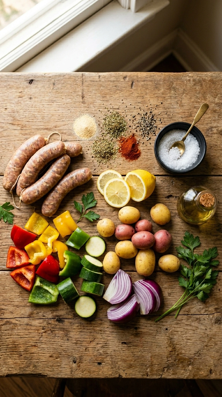 Ingredients for loaded sheet pan chicken sausage