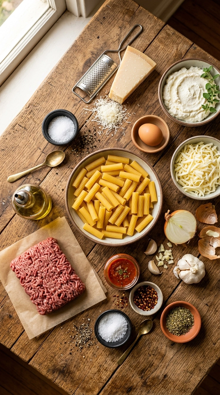 Ingredients for cheesy baked ziti crowd