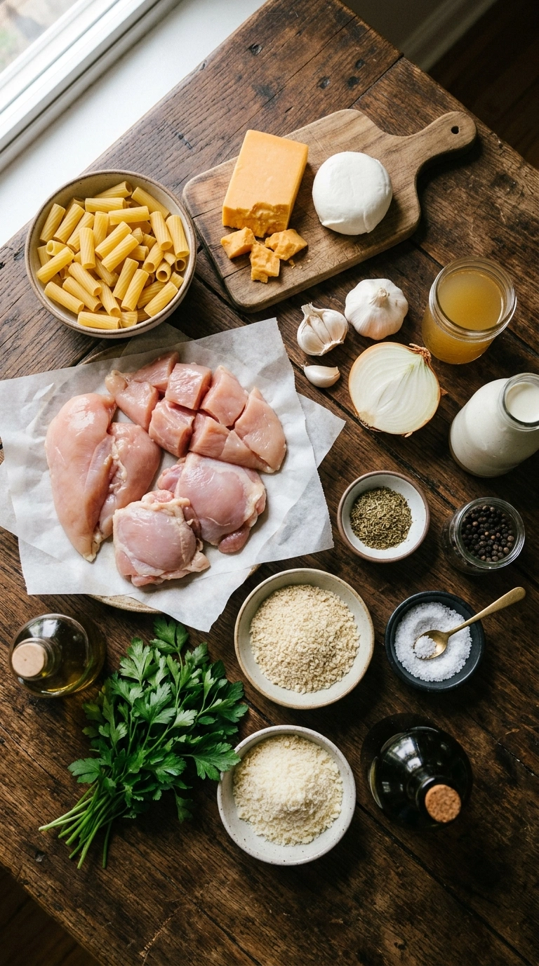 Ingredients for cheesy chicken pasta bake crowd