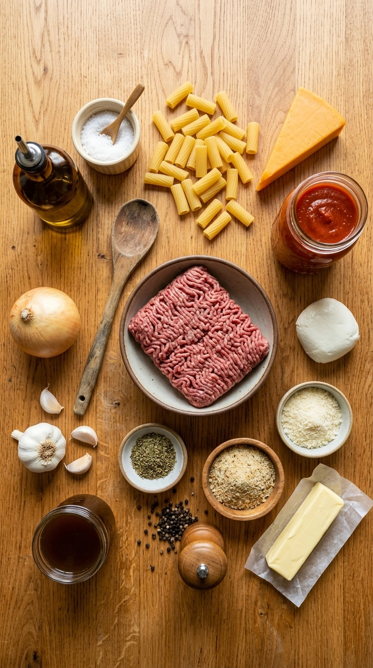 Ingredients for cheesy beef pasta bake crowd