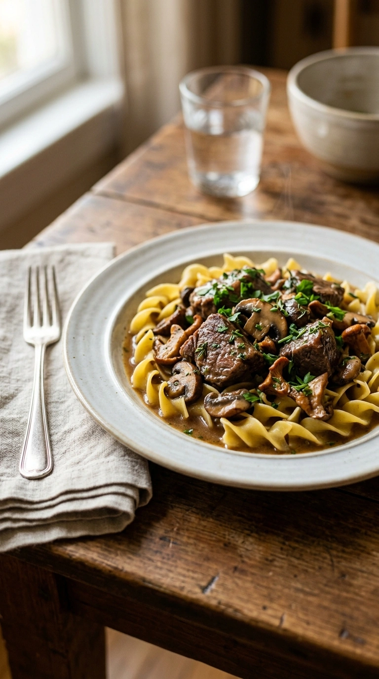 tender beef tips over noodles crowd ready to serve