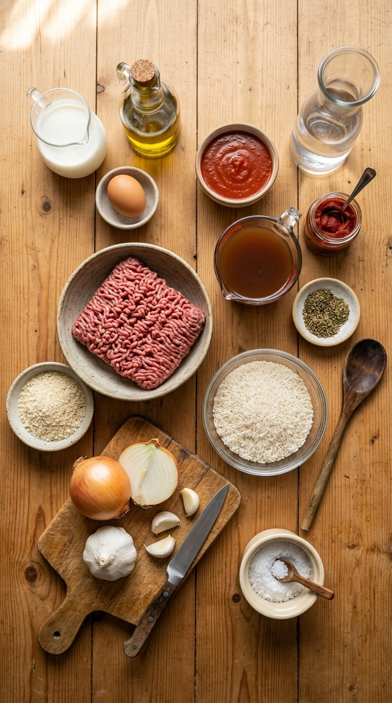 Ingredients for saucy meatballs over rice crowd