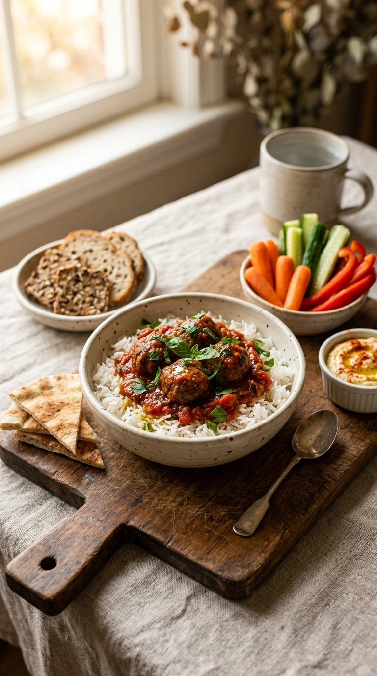 saucy meatballs over rice crowd ready to serve
