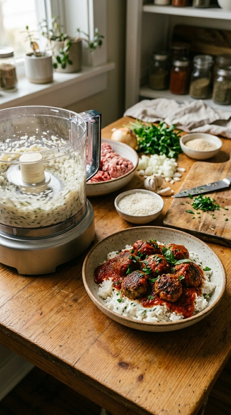 Cooking instructions for saucy meatballs over rice crowd