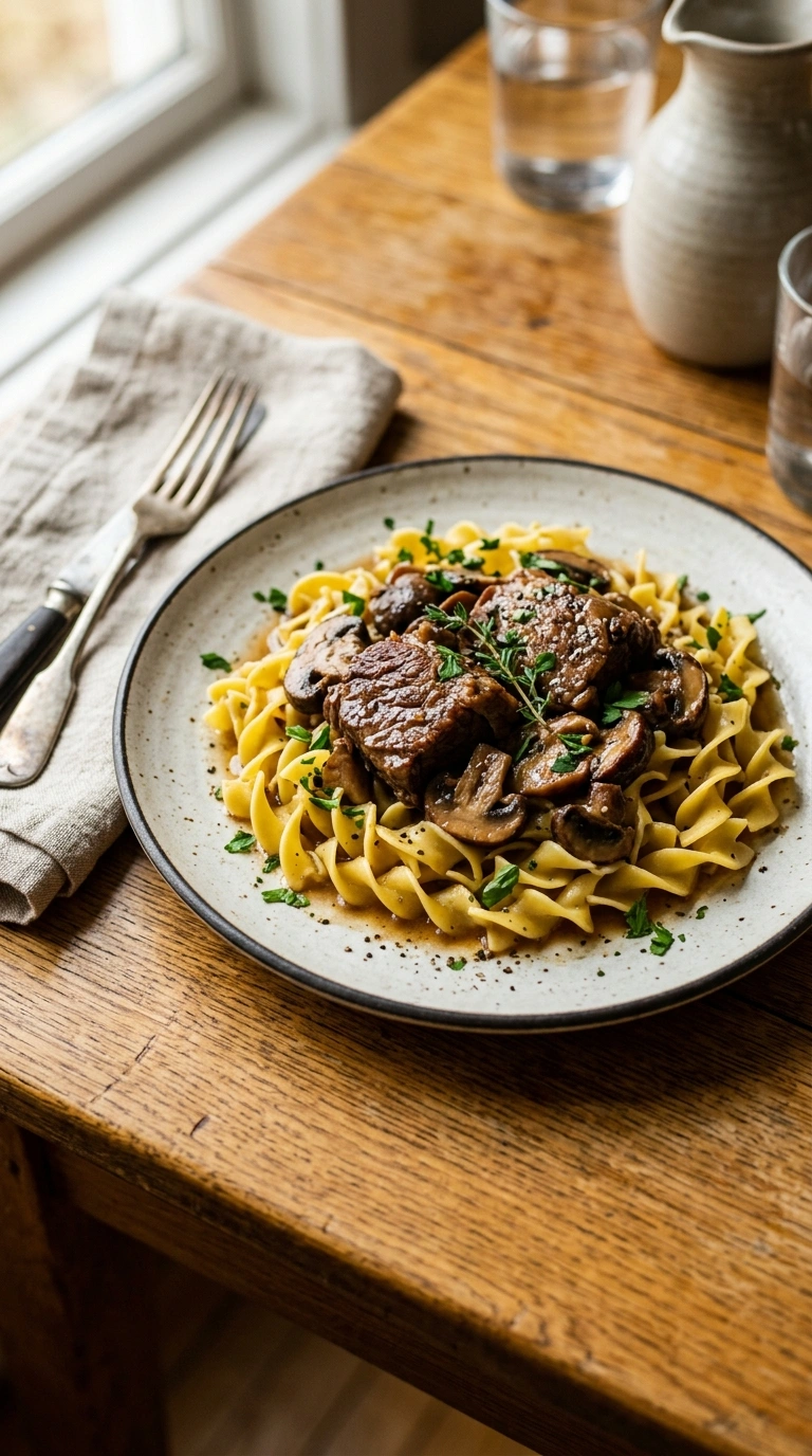 Tender Beef Tips Over Noodles | 40-Min Family Crowd Comfort Dinner