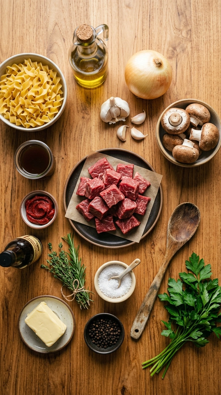 Ingredients for tender beef tips over noodles crowd