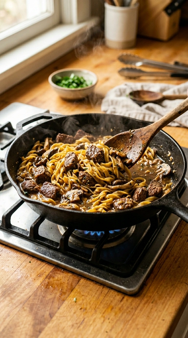 Cooking instructions for tender beef tips over noodles crowd