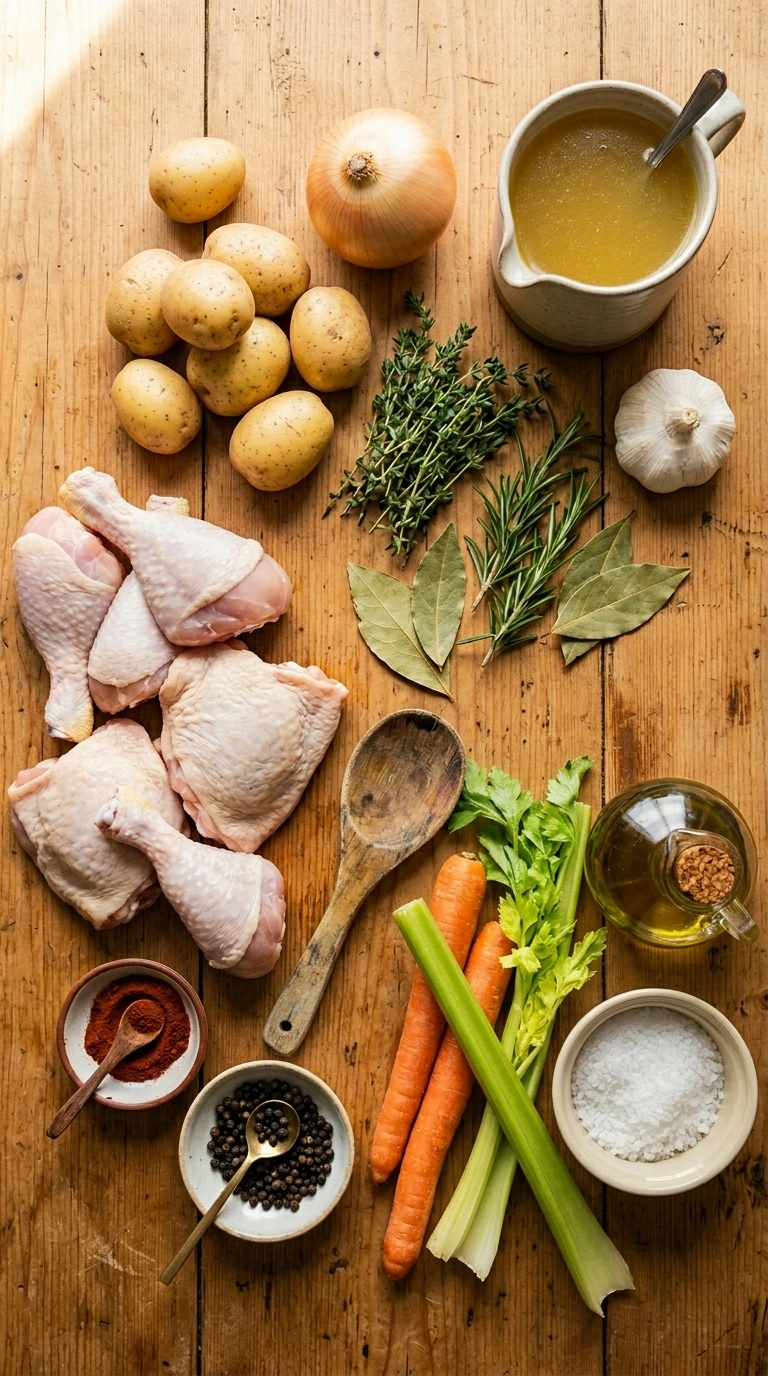 Ingredients for juicy chicken thighs and potatoes crowd