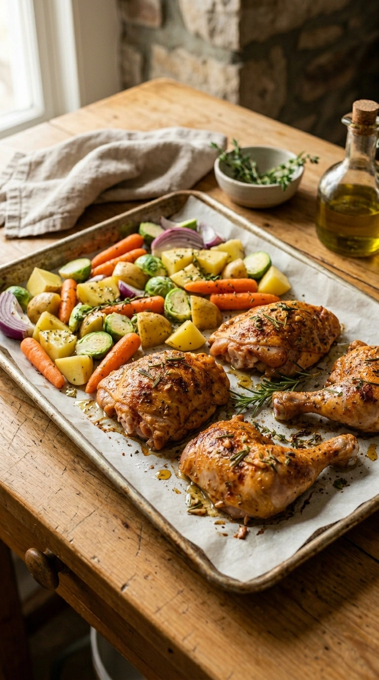 Cooking instructions for juicy chicken thighs and potatoes crowd