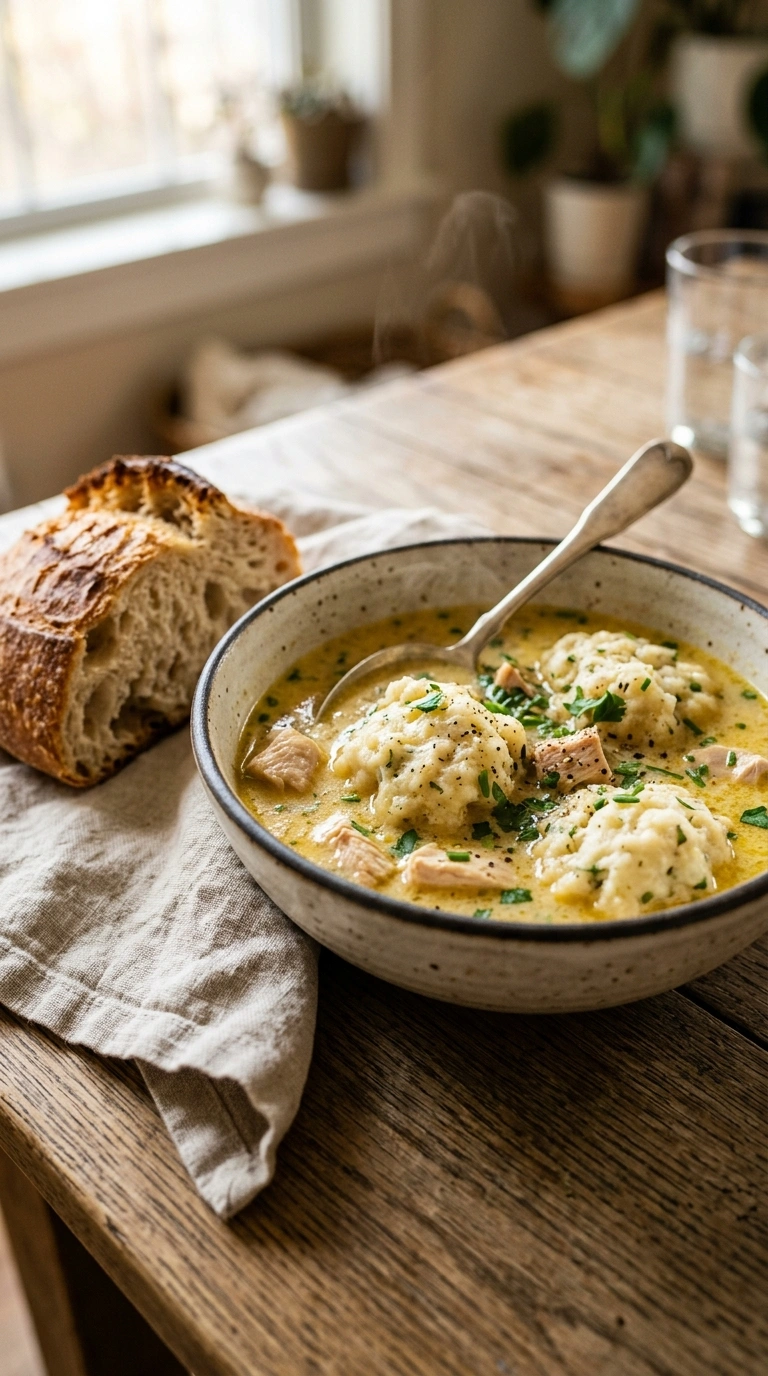 cozy chicken and dumplings crowd ready to serve