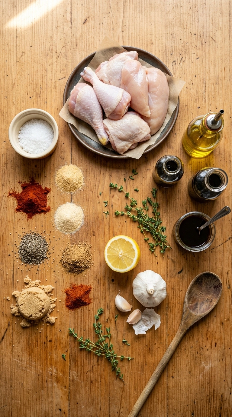 Ingredients for smoky grilled chicken thighs crowd