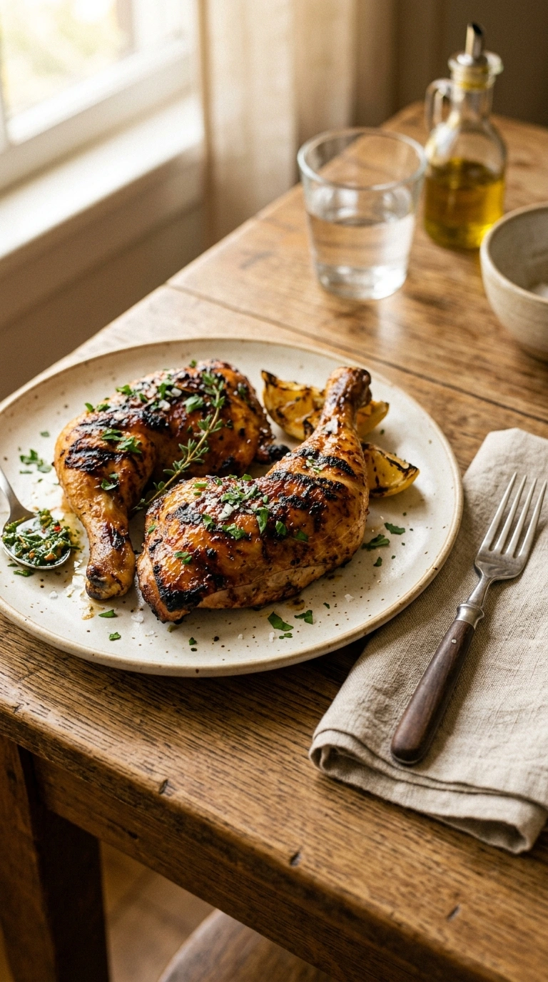 smoky grilled BBQ chicken quarters ready to serve