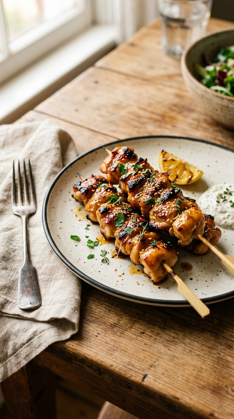 sticky honey garlic grilled chicken skewers ready to serve