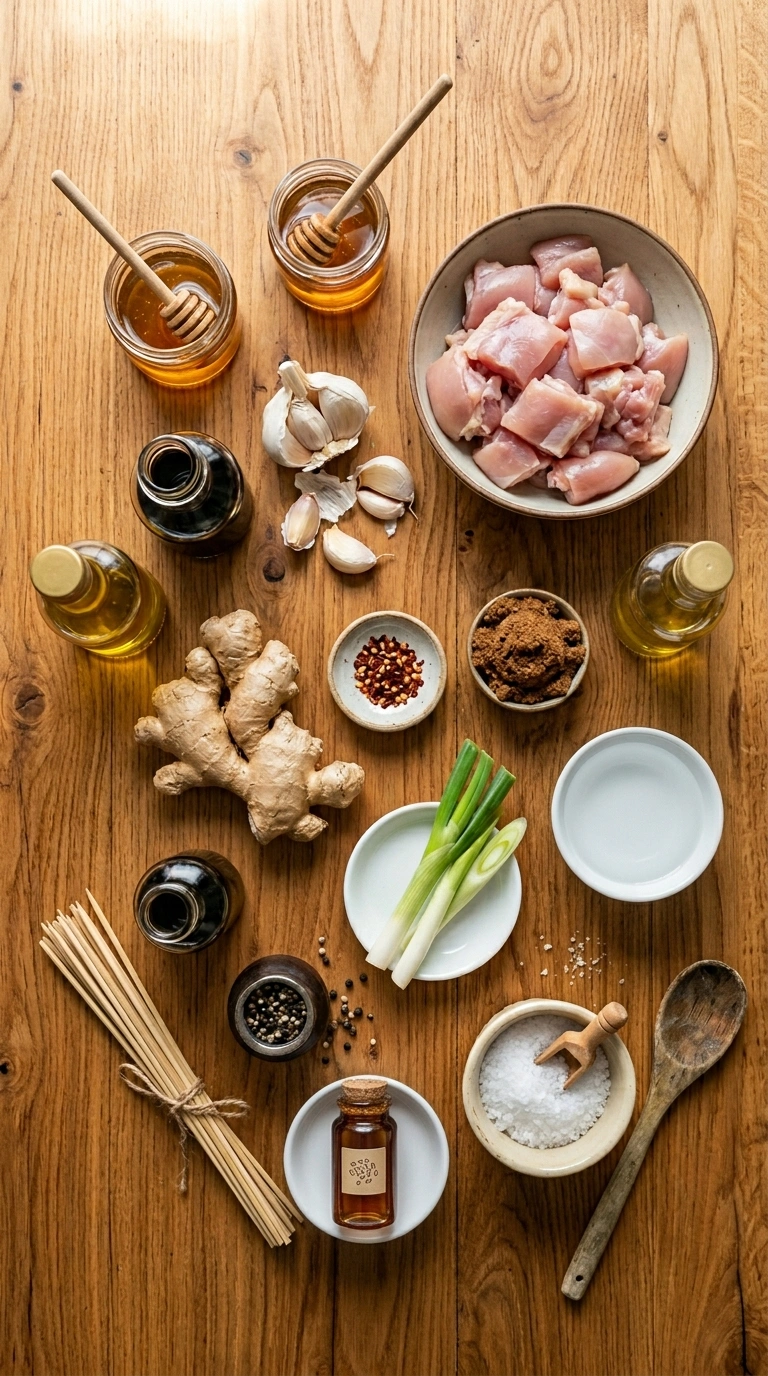Ingredients for sticky honey garlic grilled chicken skewers