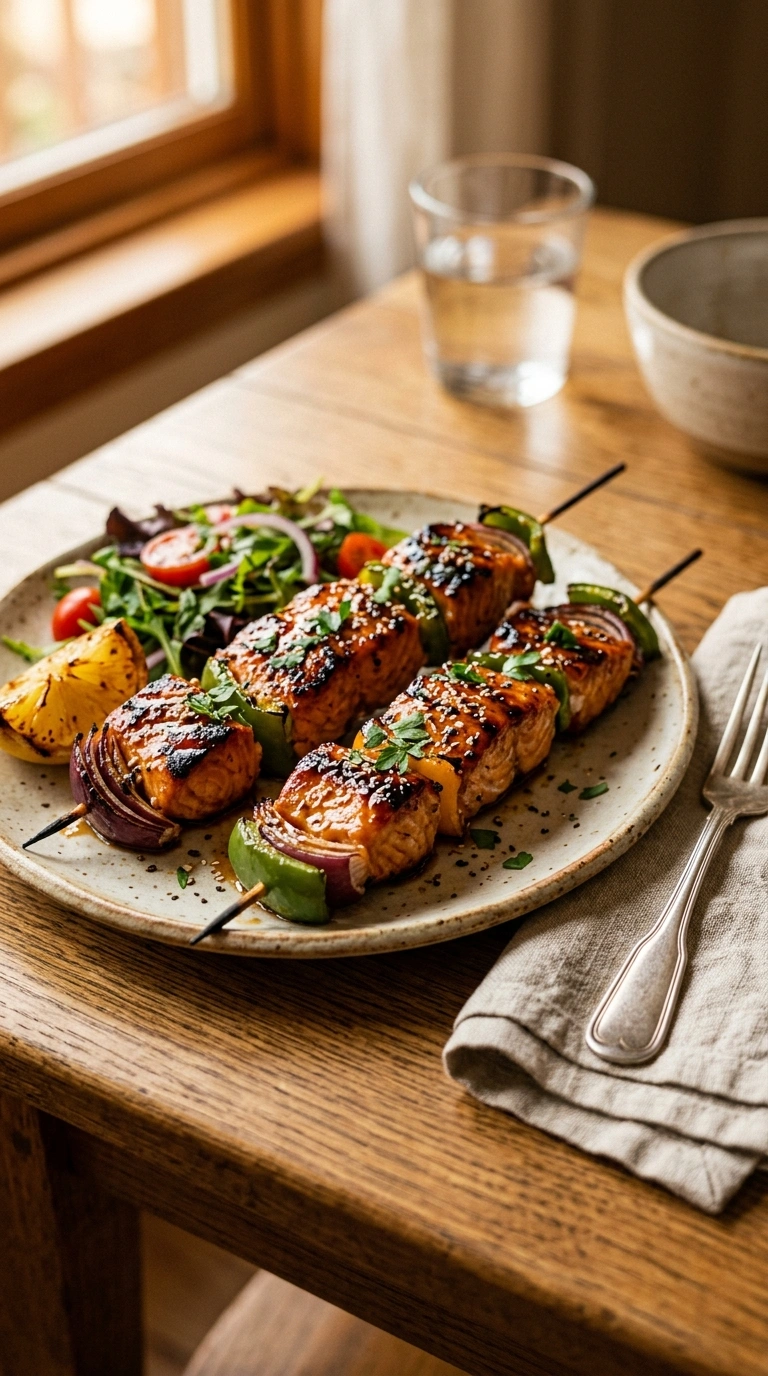 sticky honey garlic grilled salmon skewers ready to serve