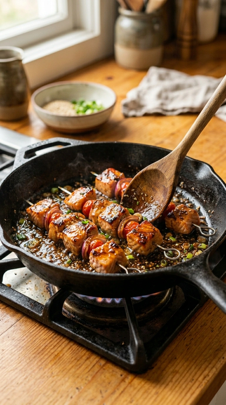 Cooking instructions for sticky honey garlic grilled salmon skewers