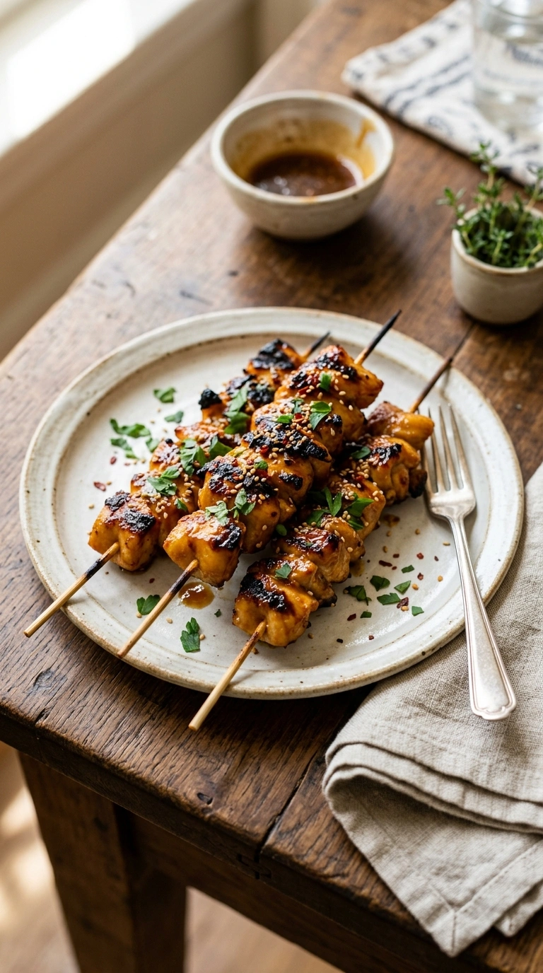 sticky honey garlic grilled chicken kebabs ready to serve