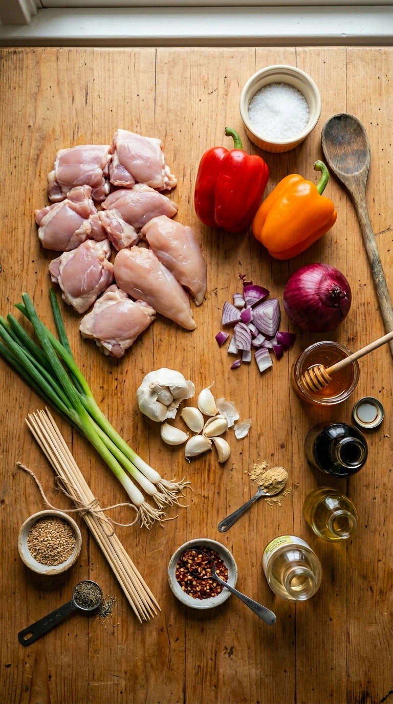 Ingredients for sticky honey garlic grilled chicken kebabs
