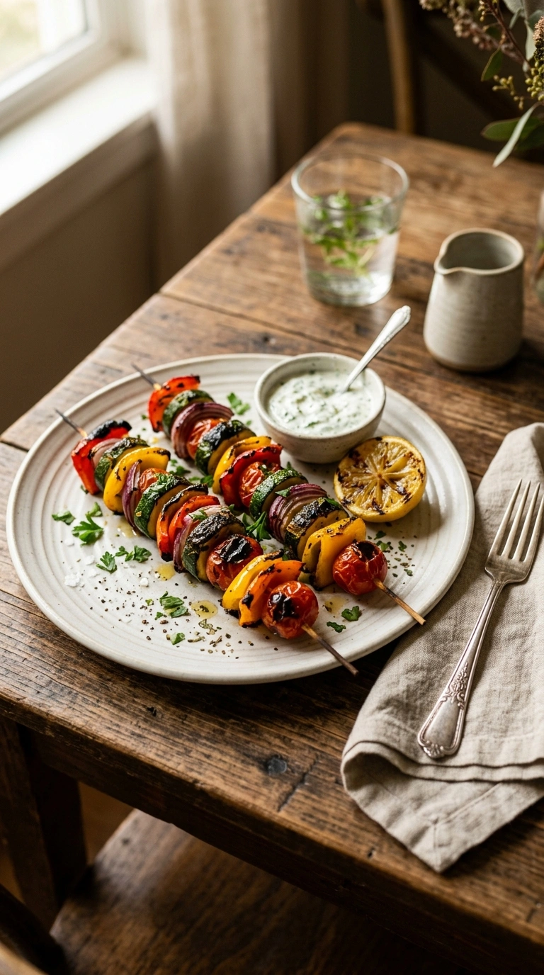 charred grilled veggie skewers crowd ready to serve