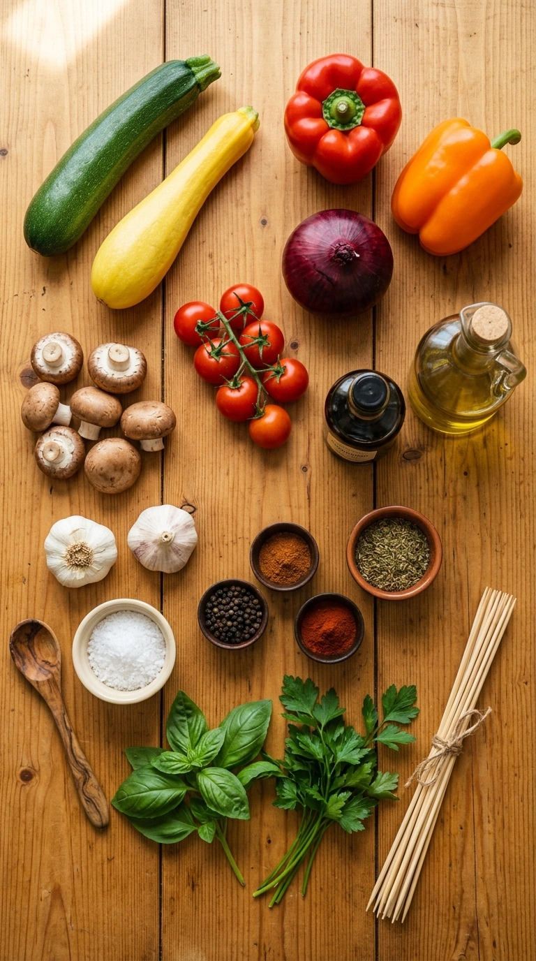 Ingredients for charred grilled veggie skewers crowd
