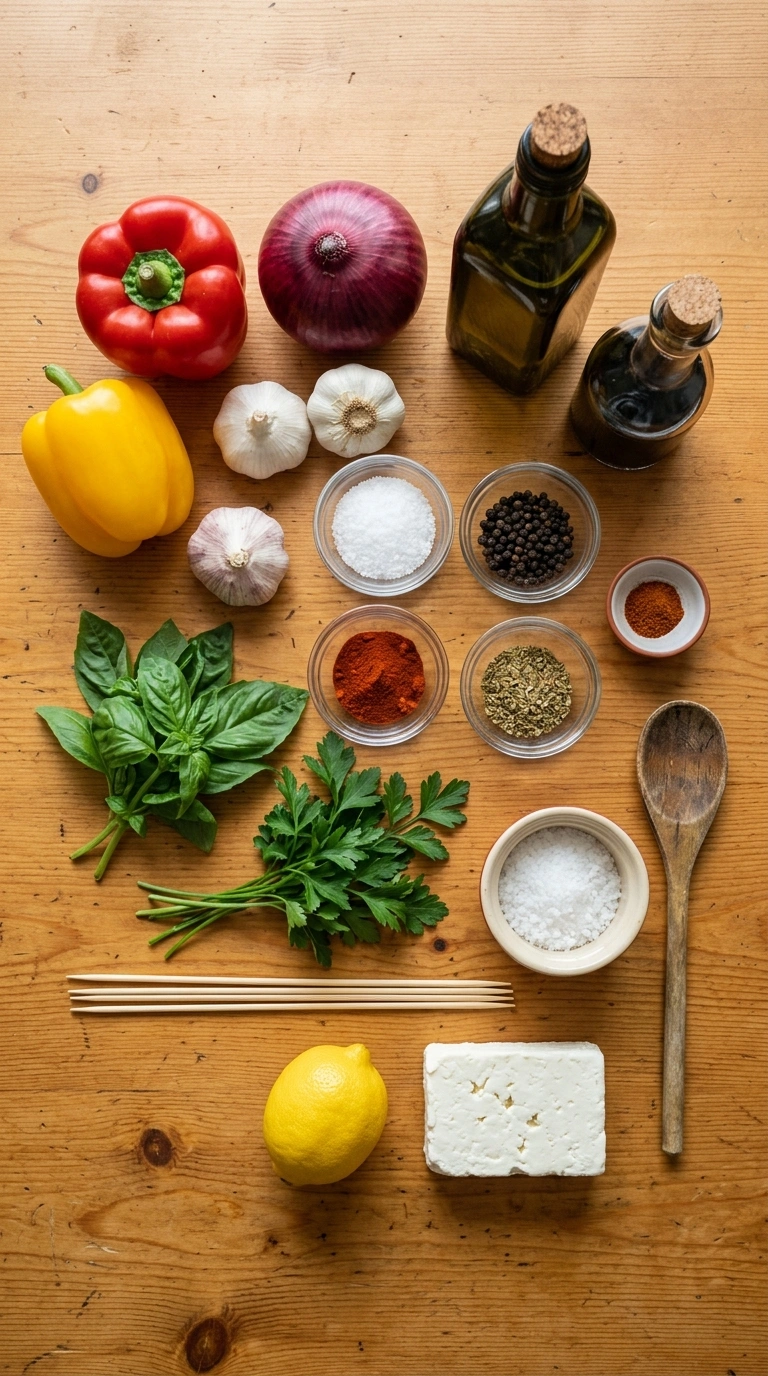 Ingredients for charred grilled pepper skewers crowd
