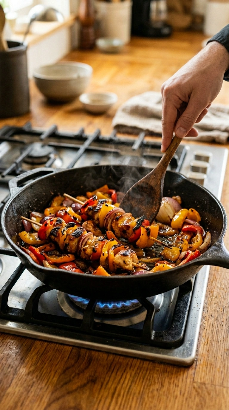 Cooking instructions for charred grilled pepper skewers crowd