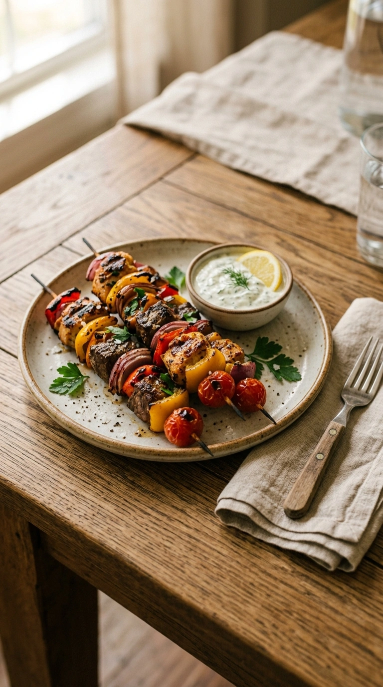 charred grilled rainbow skewers crowd ready to serve
