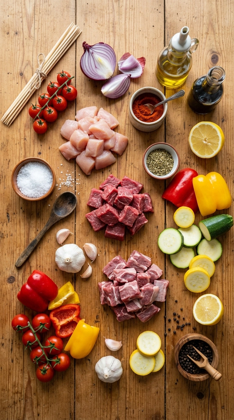 Ingredients for charred grilled rainbow skewers crowd