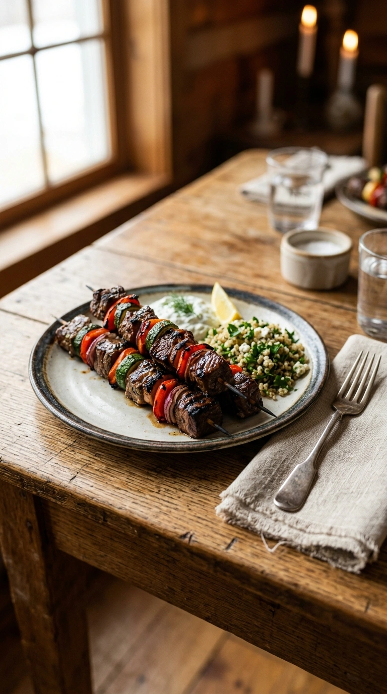 juicy grilled beef skewers crowd ready to serve