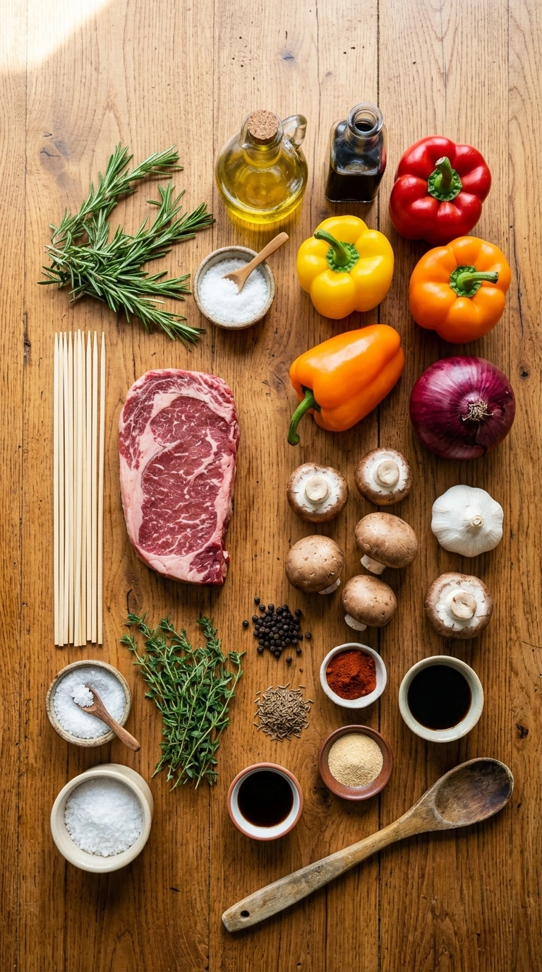 Ingredients for juicy grilled beef skewers crowd
